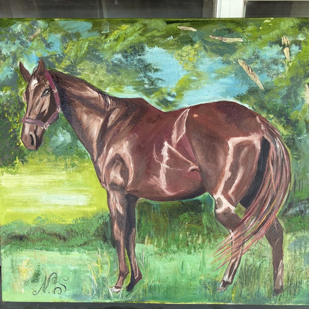 Impressionistic Brown and Green Horse Painting